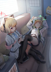Rule 34 | 2girls, absurdres, animal ear headphones, animal ears, black thighhighs, blonde hair, blue archive, cat ear headphones, closed eyes, controller, couch, fake animal ears, game controller, green halo, halo, handheld game console, headphones, highres, holding, holding controller, holding game controller, holding handheld game console, jacket, lying, midori (blue archive), momoi (blue archive), multiple girls, on back, on couch, open clothes, open jacket, red eyes, red halo, siblings, sisters, thighhighs, thighs, white jacket, xiamu xunxi