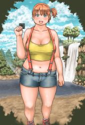Rule 34 | 1girl, artist request, blue eyes, blush, breasts, condom, creatures (company), covered erect nipples, game freak, large breasts, looking at viewer, misty (pokemon), navel, nintendo, open mouth, orange hair, plump, pokemon, suspenders