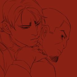 Rule 34 | 2boys, chengongzi123, closed mouth, collared jacket, facial hair, goatee stubble, golden kamuy, hand on another&#039;s shoulder, highres, jacket, koito otonoshin, lineart, long sleeves, looking at viewer, male focus, military uniform, multiple boys, red background, short hair, simple background, stubble, tsukishima hajime, uniform, upper body, very short hair