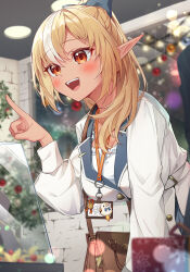 Rule 34 | 1girl, absurdres, alternate costume, bag, belt, blonde hair, blue bow, blurry, blush, bokeh, bow, breasts, brown bag, commentary, dark-skinned female, dark skin, depth of field, elfriend (shiranui flare), hair bow, highres, hololive, indoors, jacket, lanyard, large breasts, long hair, looking at viewer, multicolored hair, open mouth, pointing, pointy ears, red eyes, shiranui flare, shirt, shoulder bag, smile, solo, streaked hair, tang-du, virtual youtuber, white belt, white hair, white jacket, white shirt