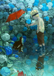 Rule 34 | 1boy, aged down, animal, black eyes, blonde hair, brown pants, cat, commentary, emmmerald, english commentary, facial mark, flower, hand in pocket, headband, highres, holding, holding umbrella, hydrangea, looking at another, male focus, naruto (series), outdoors, outstretched arm, pants, petals, petals on liquid, plant, print shirt, rain, reflection, ripples, sandals, scenery, shirt, short hair, short sleeves, sitting, solo, spiked hair, standing, standing on liquid, umbrella, uzumaki naruto, water, water drop, wet, wet clothes, whisker markings, white shirt, wide shot