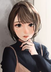 Rule 34 | 1girl, black shirt, brown camisole, brown eyes, brown hair, camisole, hand on own chin, hand up, highres, lips, lipstick, long sleeves, looking at viewer, makeup, mole, mole under eye, nail polish, original, parted lips, saitou (lynx-shrike), shirt, short hair, solo