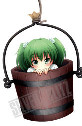 Rule 34 | 1girl, bucket, female focus, green eyes, green hair, hair bobbles, hair ornament, in bucket, in container, kisume, lowres, matching hair/eyes, shy, solo, sui., sui. (ayase), touhou, twintails