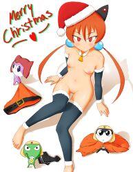Rule 34 | 2boys, 2girls, alisa southerncross, arm support, barefoot, black thighhighs, blush, breasts, cleft of venus, closed mouth, unworn clothes, collarbone, feet, frostyneko, hair tie, hat, heart, highres, keroro, keroro gunsou, looking at viewer, merry christmas, multiple boys, multiple girls, navel, neck bell, nipples, nude, orange hair, pom pom (clothes), pururu, pussy, red eyes, santa costume, santa hat, shadow, simple background, sitting, small breasts, tamama, thighhighs, toes, twintails, uncensored, white background