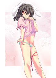 Rule 34 | 1girl, :3, animal ears, belly, black hair, carrot, carrot necklace, clothes lift, dress, dress lift, female focus, groin, highres, inaba tewi, jewelry, leg ribbon, navel, necklace, one eye closed, panties, panty pull, rabbit ears, red eyes, ribbon, sea chicken, shirt lift, short hair, solo, striped clothes, striped panties, teasing, thigh ribbon, touhou, underwear, wink