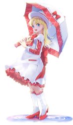 Rule 34 | 1girl, :d, ashita no nadja, blonde hair, blue eyes, blush, boots, bow, commentary request, dress, fingernails, frilled boots, frilled footwear, frills, funyariko, hat, high heel boots, high heels, highres, holding, holding umbrella, knee boots, layered sleeves, long hair, long sleeves, looking at viewer, nadja applefield, open mouth, parted bangs, puddle, red bow, ripples, short over long sleeves, short sleeves, simple background, smile, solo, umbrella, water, white background, white dress, white footwear, white hat, white umbrella