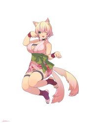 Rule 34 | 1girl, :d, animal ears, black nails, breasts, cat ears, cat tail, cleavage, earrings, fingernails, full body, green eyes, green sash, hand up, highres, inu no sakuya, japanese clothes, jewelry, kimono, kotatsu (g-rough), large breasts, looking at viewer, multicolored hair, multiple tails, nail polish, nekomata, obi, one eye closed, open mouth, paw pose, pink kimono, purple hair, sash, short kimono, simple background, smile, solo, streaked hair, tail, two tails, white background