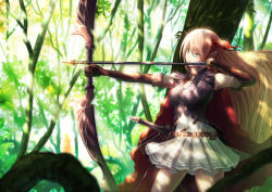 Rule 34 | 1girl, absurdres, arisa (shadowverse), arrow (projectile), blonde hair, bow (weapon), breasts, brown gloves, cape, drawing bow, elbow gloves, foliage, fujifuji924, gloves, green eyes, hair between eyes, highres, holding, holding bow (weapon), holding weapon, long hair, medium breasts, quiver, red cape, shadowverse, skirt, solo, sword, thighs, tree, weapon