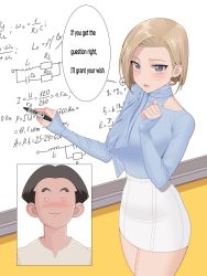 Rule 34 | 1boy, android 18, blonde hair, blue eyes, blush, breasts, dragon ball, dragon ball (classic), dragon ball super, earrings, heart, heart-shaped pupils, highres, husband and wife, jewelry, kuririn, large breasts, looking at viewer, monster l (hochihochiha), pencil skirt, scarf, shirt, short hair, simple background, skirt, smile, sweater, symbol-shaped pupils, teacher