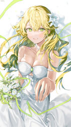 Rule 34 | 1girl, arm strap, bare arms, bare shoulders, blonde hair, breasts, cleavage, cowboy shot, dress, flower, green eyes, hair between eyes, hair flower, hair ornament, haruri, highres, hoshii miki, idolmaster, jewelry, light blush, long hair, looking at viewer, medium breasts, necklace, outstretched hand, parted lips, sidelocks, smile, solo, strapless, strapless dress, teeth, wedding, wedding dress, white dress, white flower