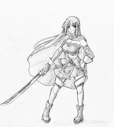 Rule 34 | alternate hair length, alternate hairstyle, bare shoulders, boots, cape, cutlass, detached sleeves, fortissimo, furrowed brow, gloves, greyscale, hair ornament, hand on own hip, highres, looking at viewer, magical girl, mahou shoujo madoka magica, mahou shoujo madoka magica (anime), mahou shoujo madoka magica movie 1 &amp; 2, medium hair, miki sayaka, monochrome, musical note, musical note hair ornament, saber (weapon), simple background, smile, smirk, solo, sword, tagme, weapon