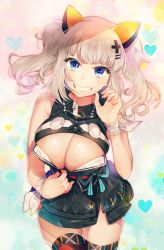 Rule 34 | 1girl, animal ears, baco (user dwxz2842), bad id, bad pixiv id, blue eyes, blush, breasts, cat ears, cleavage, clothes pull, d-pad, d-pad hair ornament, dress pull, fake animal ears, grey hair, hair ornament, hairclip, highres, kaguya luna, large breasts, looking at viewer, parted lips, short hair, short twintails, smile, solo, teeth, the moon studio, thighhighs, twintails, virtual youtuber