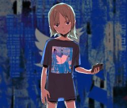 Rule 34 | 1girl, backlighting, brown hair, cellphone, expressionless, female focus, holding, holding phone, looking at viewer, original, phone, satsuyo, see-through silhouette, shirt, short shorts, shorts, smartphone, solo, t-shirt, twitter, twitter logo