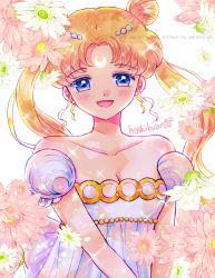 Rule 34 | 1girl, :d, bare shoulders, bishoujo senshi sailor moon, blonde hair, blue eyes, crescent, crescent facial mark, double bun, dress, earrings, facial mark, flower, forehead mark, hair bun, hair ornament, hairpin, hoshikuzu (milkyway792), jewelry, long hair, looking at viewer, open mouth, parted bangs, princess serenity, puffy sleeves, signature, simple background, smile, solo, strapless, strapless dress, tsukino usagi, twintails, upper body, white background, white dress
