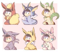 Rule 34 | 10s, 6+boys, :3, animal costume, bad id, bad pixiv id, black eyes, black hair, blunt bangs, blush, brothers, chibi, closed mouth, cosplay, creatures (company), espeon, espeon (cosplay), eyebrows, flareon, flareon (cosplay), frown, full body, game freak, gen 1 pokemon, gen 2 pokemon, gen 4 pokemon, gen 6 pokemon, half-closed eyes, heart, heart in mouth, jolteon, jolteon (cosplay), koineko (aph0310), korokorone310, leafeon, leafeon (cosplay), looking at viewer, male focus, matsuno choromatsu, matsuno ichimatsu, matsuno jyushimatsu, matsuno karamatsu, matsuno osomatsu, matsuno todomatsu, multiple boys, nintendo, osomatsu-kun, osomatsu-san, osomatsu (series), pink background, pokemon, pokemon tail, sextuplets, siblings, simple background, sitting, sylveon, sylveon (cosplay), tail, vaporeon, vaporeon (cosplay), wariza