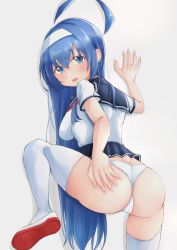 Rule 34 | 1girl, ahoge, artist request, ass, ass grab, blue eyes, blue hair, blush, breasts, cameltoe, dimples of venus, embarrassed, from behind, hairband, highres, leg up, long hair, looking at viewer, miniskirt, open mouth, orie ballardiae harada, panties, school uniform, shiny skin, sideboob, skirt, solo, thighhighs, under night in-birth, underwear, very long hair