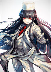 Rule 34 | 1girl, artist name, black hair, black shirt, blunt bangs, buttons, collared shirt, cowboy shot, double-breasted, formal, fur hat, girlycard, gloves, grin, hat, hellsing, jacket, k-suwabe, layered clothes, long hair, looking at viewer, necktie, open clothes, open hand, open jacket, open mouth, outstretched arm, pants, raised eyebrows, reaching, reaching towards viewer, red eyes, red necktie, scarf, shirt, sidelocks, simple background, smile, solo, suit, suit jacket, teeth, ushanka, white background, white gloves, white pants, white scarf, white suit, white theme
