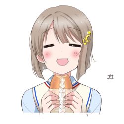 Rule 34 | 1girl, artist name, artist request, blue shirt, blush, bread, breasts, brown hair, cardigan, cardigan vest, collared shirt, crescent, crescent hair ornament, eating, female focus, food, grey hair, grey shirt, hair ornament, highres, holding, holding food, light brown hair, looking at viewer, love live!, love live! nijigasaki high school idol club, nakasu kasumi, neck ribbon, nijigasaki school uniform, parted lips, purple eyes, red eyes, ribbon, school uniform, shirt, short hair, short sleeves, smile, solo, star (symbol), star hair ornament, sweater vest, upper body, vest, white background, white shirt, yellow ribbon, yellow vest, zero-theme, zero 0w0