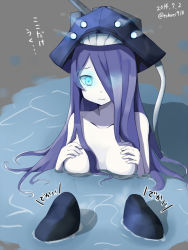 Rule 34 | 10s, 1girl, abyssal ship, blue eyes, blush, breast suppress, collarbone, colored skin, dated, hair over one eye, holding, kantai collection, long hair, nude, partially submerged, purple hair, so-class submarine, solo, sui (tsuruhibiki), translation request, twitter username, very long hair, water, wavy mouth, white skin