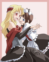 Rule 34 | 00s, 2girls, :d, bare shoulders, black dress, blonde hair, blue eyes, blunt bangs, blush, border, brown hair, corset, cowboy shot, coyote ragtime show, cup, dress, drinking glass, drunk, frilled dress, frilled hairband, frills, furrowed brow, hairband, hand on another&#039;s face, hat, holding hands, interlocked fingers, january (coyote ragtime show), leaning forward, long hair, long sleeves, multiple girls, off-shoulder dress, off shoulder, open mouth, pink background, pink border, red eyes, sep, september (coyote ragtime show), shawl, short hair, simple background, smile, sweat, takano natsuki, teardrop, white hat, wine glass, yuri