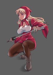 Rule 34 | 1girl, blonde hair, breasts, cleavage, commentary request, final fantasy, final fantasy tactics, large breasts, long hair, ninja (fft), pantyhose, solo, sword, takomeshi, weapon