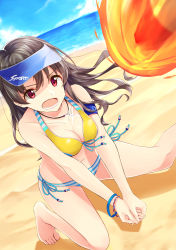 Rule 34 | 1girl, absurdres, armband, ball, beach volleyball, bikini, blue armband, blue bikini, blue hat, blue sky, blue wristband, breasts, cleavage, cloud, collarbone, day, dolphin pendant, fireball, floating hair, front-tie bikini top, front-tie top, hat, highres, idolmaster, idolmaster million live!, idolmaster million live! theater days, medium breasts, megurumiru, multicolored bikini, multicolored bikini top, multicolored clothes, navel, ocean, on one knee, open mouth, own hands together, parted bangs, playing sports, red eyes, round teeth, sand, shore, side-tie bikini bottom, sky, swimsuit, takayama sayoko, teeth, thighs, visor cap, volleyball, volleyball (object), white bikini, yellow bikini