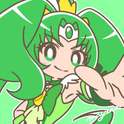 Rule 34 | 1girl, blush, bright pupils, choker, circlet, closed mouth, cure march, green background, green choker, green eyes, green hair, hair ornament, hand on own hip, highres, long hair, looking at viewer, magical girl, mayena, midorikawa nao, outline, outstretched arm, ponytail, precure, ribbon, signature, simple background, smile, smile precure!, solo, tri tails, white outline, white pupils, wrist cuffs