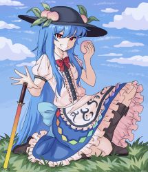 Rule 34 | 1girl, black footwear, black hat, blue hair, blue skirt, blue sky, boots, bow, bowtie, center frills, cloud, food, frilled skirt, frills, fruit, full body, grass, grin, hat, highres, hinanawi tenshi, holding, holding food, holding fruit, leaf, long hair, looking at viewer, moonii desu, peach, puffy short sleeves, puffy sleeves, rainbow order, red bow, red bowtie, red eyes, short sleeves, skirt, sky, smile, solo, sword of hisou, touhou