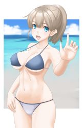 Rule 34 | 1girl, beach, bikini, black bikini, blue eyes, blue sky, blurry, breasts, brown hair, cloud, cowboy shot, day, depth of field, foreshortening, highres, intrepid (kancolle), kantai collection, large breasts, mismatched bikini, open mouth, ponytail, short hair, sky, smile, solo, swimsuit, t2r, white bikini