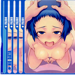 Rule 34 | 1girl, atlus, blue eyes, blue hair, breasts, censored, from above, hands on another&#039;s head, head grab, highres, kneeling, looking at viewer, matching hair/eyes, mosaic censoring, nipples, nude, open mouth, persona, persona 3, petite, pov, short hair, solo, tasaka shinnosuke, tongue, yamagishi fuuka