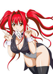 Rule 34 | 00s, 1girl, bare shoulders, breasts, brown eyes, cleavage, female focus, hair ornament, ikkitousen, kanpei, large breasts, leaning forward, legs, leotard, long hair, long twintails, looking at viewer, red hair, smile, solo, standing, thighhighs, twintails, v