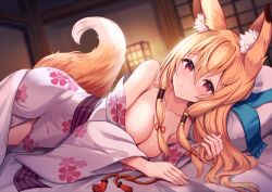 Rule 34 | 1girl, animal ear fluff, animal ears, blonde hair, blurry, blurry background, breasts, cleavage, closed mouth, collarbone, commentary request, depth of field, floral print, fox ears, fox girl, fox tail, hair between eyes, hair tubes, hands up, indoors, japanese clothes, kimono, long hair, long sleeves, looking at viewer, lying, medium breasts, off shoulder, on side, original, pillow, print kimono, red eyes, sakura ani, sidelocks, smile, solo, tail, under covers, white kimono, wide sleeves