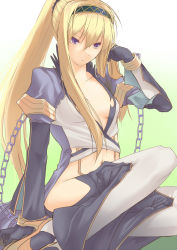 Rule 34 | 1girl, black pants, blonde hair, breasts, chain, closed mouth, coat, commentary request, full body, grey coat, hair between eyes, long hair, looking to the side, navel, nueco, pants, ponytail, purple eyes, ragnarok online, sidelocks, simple background, small breasts, solo, warlock (ragnarok online)