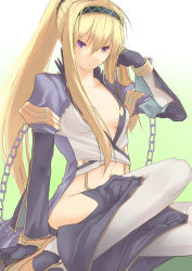 1girl black_pants blonde_hair breasts chain closed_mouth coat commentary_request full_body grey_coat hair_between_eyes long_hair looking_to_the_side navel nueco pants ponytail purple_eyes ragnarok_online sidelocks simple_background small_breasts solo warlock_(ragnarok_online)