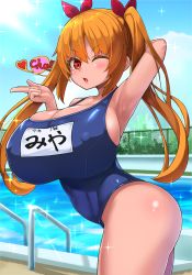 Rule 34 | 1girl, armpits, blue one-piece swimsuit, breasts, chiroshiron, highres, huge breasts, name tag, one-piece swimsuit, one eye closed, open mouth, orange hair, original, pool, red eyes, school swimsuit, shortstack, solo, swimsuit, twintails