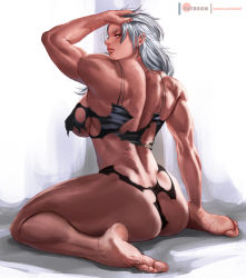 Rule 34 | 1girl, abs, ass, back, breasts, butt crack, dorohedoro, large breasts, long hair, looking at viewer, muscular, muscular female, noi (dorohedoro), panties, red eyes, rejean dubois, simple background, solo, torn clothes, underwear, white hair
