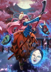 Rule 34 | 1girl, absurdres, blue shirt, bow, bowtie, bubble skirt, buttons, cherry blossoms, collared shirt, expressionless, fox mask, full body, hata no kokoro, highres, holding, holding hands, hyottoko mask, long hair, looking at viewer, mask, mask on head, moon, naginata, night, noh mask, oni mask, orange skirt, pink eyes, pink hair, plaid, plaid shirt, polearm, purple bow, purple bowtie, shirt, skirt, solo, sword, teo (telo ruka), touhou, very long hair, weapon
