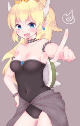 Rule 34 | bad id, bad pixiv id, bare shoulders, black leotard, blonde hair, bowsette, bracelet, breasts, brown background, cleavage, collar, commentary request, covered navel, crown, groin, hand on own hip, highres, horns, index finger raised, jewelry, leotard, long hair, mario (series), medium breasts, mini crown, new super mario bros. u deluxe, nintendo, outstretched arm, solo, spiked bracelet, spiked collar, spiked shell, spikes, strapless, strapless leotard, super crown, tachibanami gutsu, turtle shell, very long hair