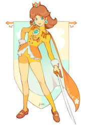 Rule 34 | 1girl, aiguillette, alternate costume, blue eyes, brooch, brown footwear, brown hair, cape, commentary, crown, earrings, emblem, epaulettes, full body, hand on own hip, highres, holding, holding sword, holding weapon, jacket, jewelry, jivke, juliet sleeves, left-handed, legs, long sleeves, mario (series), medium hair, nintendo, open mouth, orange cape, princess daisy, puffy sleeves, shoes, shorts, smile, socks, solo, standing, super mario land, sword, tomboy, weapon, yellow jacket, yellow shorts, yellow socks