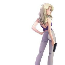 Rule 34 | 00s, 1girl, backless outfit, bare back, bare shoulders, blonde hair, blue eyes, from behind, gun, hand on own hip, handgun, long hair, looking back, mireille bouquet, noir (anime), pistol, semi-automatic firearm, simple background, solo, standing, tadano akira, weapon