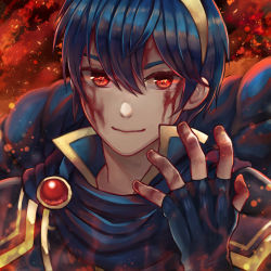 Rule 34 | 1boy, bad id, bad pixiv id, blood, blue eyes, blue hair, chrone, dark persona, fire emblem, fire emblem: mystery of the emblem, looking at viewer, male focus, marth (fire emblem), nintendo, red eyes, short hair, smile, solo