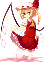 Rule 34 | 1girl, blonde hair, blush, clothes lift, flandre scarlet, haiiro (immature), hat, hat ribbon, kneeling, red eyes, ribbon, side ponytail, skirt, skirt lift, solo, thighhighs, touhou, white thighhighs, wings