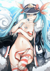 Rule 34 | 1girl, absurdres, arm across chest, bikini, black coat, blue eyes, blue hair, bow, bra, breasts, coat, coat on shoulders, collarbone, commentary, cowboy shot, crab, crab print, finger to mouth, fish pendant, fur-trimmed coat, fur trim, groin, hair bow, hat, hatsune miku, heart, heart-shaped pupils, highres, hymgkamui, jewelry, light blue hair, long hair, navel, octopus, parted lips, partially undressed, peaked cap, pendant, red bikini, red bow, red bra, red thighhighs, small breasts, solo, striped bikini, striped bra, striped clothes, swimsuit, symbol-shaped pupils, thigh gap, thighhighs, torn clothes, torn thighhighs, umi no searchlight (vocaloid), underwear, variant set, very long hair, vocaloid, wavy hair, white bikini, white hair, white hat, yuki miku, yuki miku (2022)