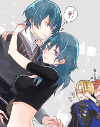 Rule 34 | 1girl, 3boys, ?, ??, back, black shirt, black vest, blonde hair, blue capelet, blue eyes, blue hair, breasts, byleth (female) (fire emblem), byleth (fire emblem), byleth (male) (fire emblem), capelet, closed eyes, covering another&#039;s eyes, covering own eyes, cup, dimitri alexandre blaiddyd, drinking glass, drunk, dual persona, expressionless, fire emblem, fire emblem: three houses, garreg mach monastery uniform, grey background, hair between eyes, highres, hug, looking at viewer, medium breasts, medium hair, midriff, multiple boys, nakaya (drwh7757), nintendo, open mouth, orange hair, selfcest, shirt, short hair, short sleeves, simple background, skin tight, smile, spiked hair, sylvain jose gautier, taut clothes, thought bubble, twitter username, upper body, vest, white shirt, wine glass