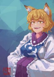Rule 34 | 1girl, :d, animal ear fluff, animal ears, blonde hair, blue background, breasts, dress, fox ears, frills, hands in opposite sleeves, highres, hyoutan tan, large breasts, long sleeves, looking at viewer, no headwear, open mouth, short hair, simple background, smile, solo, tabard, teeth, touhou, upper body, white dress, wide sleeves, yakumo ran, yellow eyes
