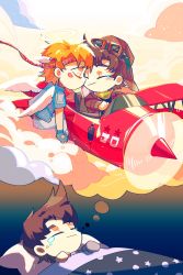 Rule 34 | 2boys, absurdres, aircraft, airplane, angel wings, aviator cap, battle tendency, blonde hair, blue jacket, bomber jacket, brown hair, brown jacket, caesar anthonio zeppeli, chibi, dreaming, face-to-face, facial mark, feather hair ornament, feathers, fingerless gloves, gloves, goggles, goggles on headwear, green eyes, green scarf, hair ornament, halo, headband, highres, implied kiss, jacket, jojo no kimyou na bouken, joseph joestar, joseph joestar (young), kiss, kissing cheek, male focus, multicolored clothes, multicolored scarf, multiple boys, on cloud, pickieeeee, scarf, sitting, sleeping, striped clothes, striped scarf, tears, thought bubble, vehicle focus, wings, yaoi, yellow scarf
