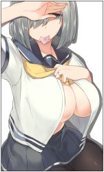 Rule 34 | 10s, 1girl, arm up, black border, blue eyes, border, breasts, brown pantyhose, collarbone, condom, condom in mouth, covering one eye, hair ornament, hair over one eye, hairclip, hamakaze (kancolle), hand on own chest, hand up, highres, jewelry, kantai collection, kei (soundcross), large breasts, looking at viewer, mouth hold, neckerchief, open clothes, open shirt, pantyhose, pleated skirt, ring, sailor collar, school uniform, serafuku, shading eyes, shirt, short hair, short sleeves, silver hair, simple background, skirt, solo, sweatdrop, upper body, wedding band, white background, white shirt, yellow neckerchief
