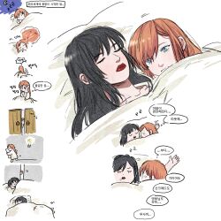 Rule 34 | 2girls, beencap, black hair, blue eyes, closed eyes, closed mouth, commentary request, final fantasy, final fantasy xiv, gaia (ff14), highres, indoors, korean commentary, korean text, long hair, looking at another, moon, multiple girls, on bed, orange hair, pillow, red lips, ryne waters, sleeping, thought bubble, translation request, under covers, yuri, zzz