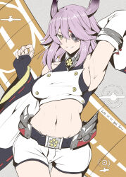 Rule 34 | 1girl, arm behind head, arm up, armpits, azur lane, bare shoulders, black gloves, breasts, buttons, cowboy shot, crop top, cropped shirt, dated, detached sleeves, eyepatch, fingerless gloves, flight deck, gloves, groin, hair between eyes, highres, hiyou (azur lane), looking at viewer, medium breasts, medium hair, midriff, navel, parted lips, purple hair, ribbon-trimmed sleeves, ribbon trim, shirt, shorts, signature, smile, solo, stomach, swept bangs, taira yuuki, white shirt, white shorts, wide sleeves, yellow eyes