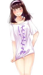 Rule 34 | 00s, 1girl, alternate costume, angry, awoki, blush, brown hair, clothes writing, embarrassed, glaring, hairband, highres, kanzaki sumire, long hair, looking at viewer, no pants, off shoulder, panties, sakura taisen, shirt, shirt tug, simple background, solo, t-shirt, tears, thighs, underwear, white background